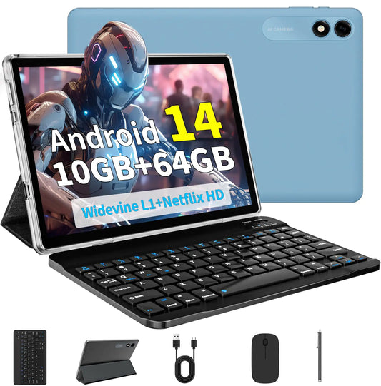 Tablet Android 14 Tablet 10 inch Tablet 5G WiFi Octa-Core10GB RAM + 64GB ROM (TF 2TB)FHDDual Camera6000mAhBluetooth 5.0 Widevine L1 Tablet with Keyboard and Mouse(sky blue+Keyboard Sets)